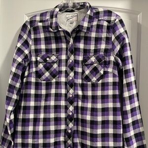 Fleece lined purple plaid button down shirt